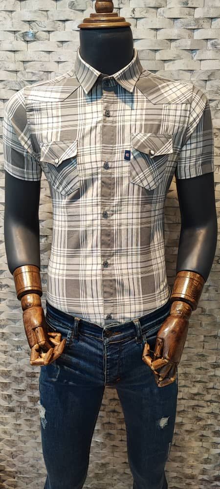 پیراهن آستین کوتاه چهارخانه مردانه، اندامی و دو جیب، نخ پنبه با کیفیت